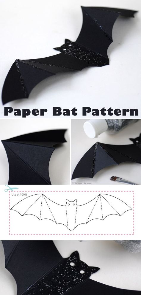 Wall of Paper Bats Tutorial & Pattern Paper Bats Hanging From Ceiling, Diy Paper Bats Template, Gothic Paper Crafts, How To Make Paper Bats, Hanging Bat Craft, Diy Halloween Paper Decorations, Diy Bats For Wall, Paper Bats On Walls, Diy Bat Decorations