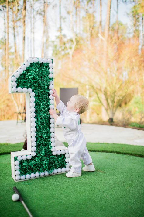 Golf Cake Smash Photography, Golf First Birthday Centerpieces, Hole In One Party Centerpieces, Hold On One Birthday, Golf First Birthday Decorations, Hole In One Birthday Decorations, Masters Themed 1st Birthday Party, Diy Golf Birthday Decorations, Hole In One Smash Cake Photos