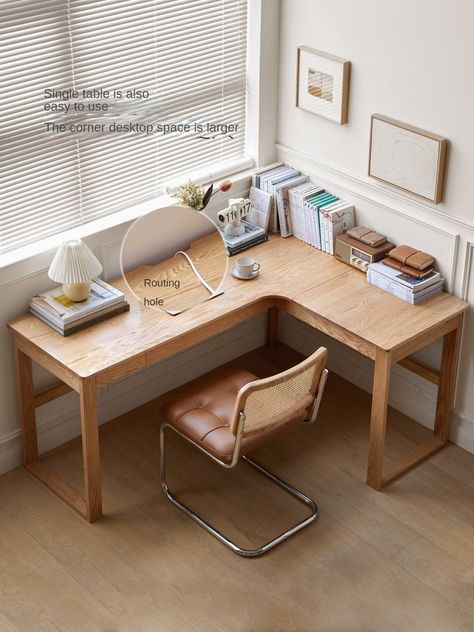 Immersive office/study atmosphere integrated desk bookshelf With L-shaped corner design Bring a sense of "surrounding" Books and items within reach Can focus on learning and work efficiently, let inspiration and thoughts sprout here~ L-shaped large corner, experience immersive office/study Comes with a "little tail" to fill the corners of the home and create a sense of envelopment, allowing you to relax your mind and focus on yourself when studying/working Large desktop files are not cramped To Corner Desk Shelf, Study Atmosphere, Light Wood Desk, Desk With Bookshelf, Integrated Desk, Solid Wood Office Desk, Floor Desk, Open Bookshelf, Sewing Desk