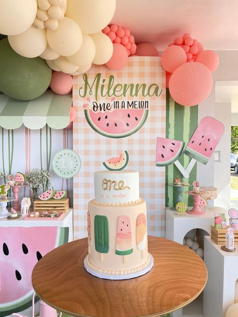 Melon First Birthday, Melon Themed Birthday Party, First Birthday Theme Summer, Summer Baby Birthday Ideas, Summer Birthday Themes Girl, Fruit Themed First Birthday Party, First Birthday Party Themes Summer, 1st Birthday Watermelon Theme, Watermelon Birthday Theme