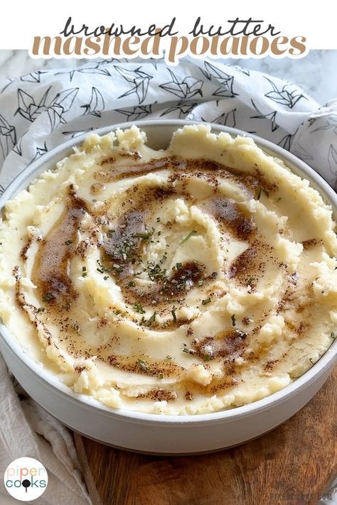 Browned Butter Mashed Potatoes with Thyme | Complete your Thanksgiving or Christmas dinner table with these super savory, creamy mashed potatoes with brown butter and fresh thyme. These 4 simple ingredients will turn your ordinary mashed potatoes into a star side dish - while keeping it easy enough for any day of the week. Grilled Potato Recipes, Loaded Fries Recipe, Perfect Potatoes, Butter Mashed Potatoes, Potato Appetizers, Baked Potato Recipes, Making Mashed Potatoes, Potato Recipes Side Dishes, Leftover Mashed Potatoes