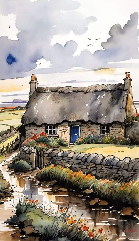 Watercolour Inspiration, Cottage Art, Watercolor Landscape Paintings, Beginner Painting, Watercolor Sketch, Urban Sketching, Watercolor Inspiration, Water Painting, Watercolor Landscape