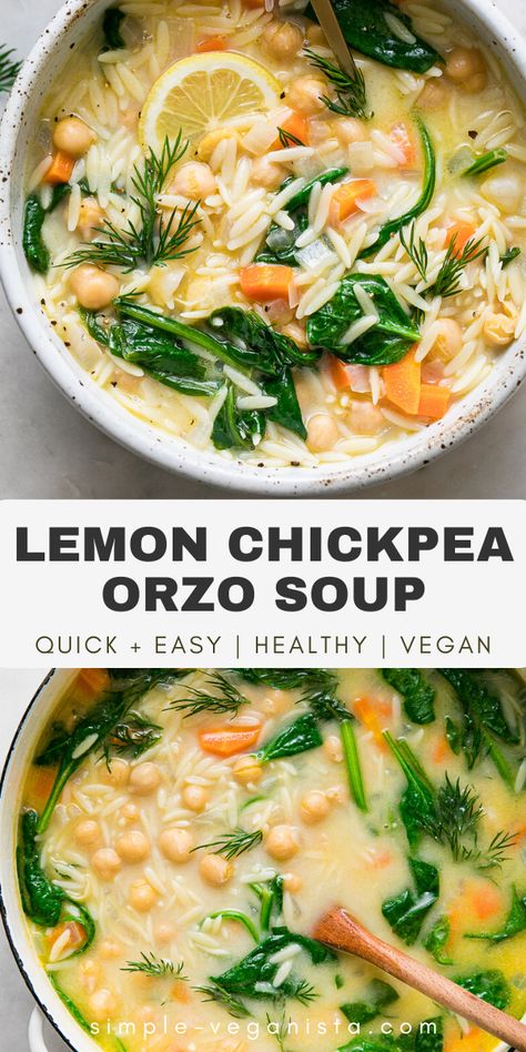 Orzo Soup Vegan, Chickpea Orzo Soup, Chickpea Orzo, Lemon Chickpea, Orzo Soup Recipes, Salad Kale, Orzo Soup, Chickpea Soup, Chicken Orzo