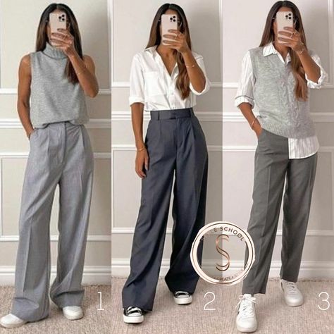 Styling Grey Jeans Women, Women Gray Pants Outfit, Professional Comfy Outfits Women, Grey Khaki Pants Outfit Women, Hot And Minimalist Outfit, Spring Casual Office Outfits Women, Grey Pants Outfits For Women, Grey Culottes Outfit, Effortlessly Chic Outfits Minimal Classic