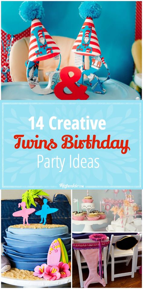 14 Creative Twins Birthday Party Ideas via @tipjunkie Twins Birthday Party Ideas, First Birthday Party Ideas Boy, Twin Baby Birthday, Baby First Birthday Party Ideas, Twins Birthday Party, Twin Birthday Themes, Sibling Birthday Parties, Twin Birthday Cakes, First Birthday Party Ideas