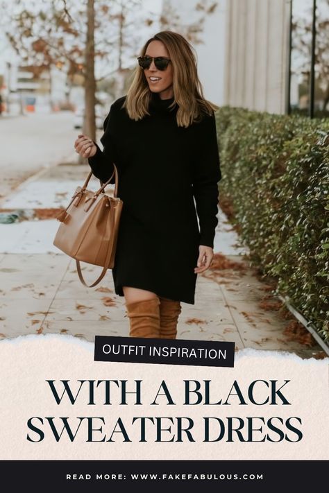 we’re ready to help you find the best black sweater dress outfit ideas! You can never go wrong by choosing our sweater dress outfit ideas. Plus, black is a versatile color.  #BlackSweaterDressStyle #SweaterDressOutfits #ChicSweaterDresses #WinterFashionFinds #CozyDressIdeas #ElegantKnitDresses #VersatileDressLooks #StylingSweaterDresses #ClassicBlackDress #TopSweaterDressOutfits Black Boots Black Dress, Lbd Outfit Winter, Black Turtleneck Sweater Dress Outfit, How To Style A Black Sweater Dress, Short Dress Winter Outfit, Black Sweater Dress Outfit Winter, How To Style Sweater Dress, Black Sweater Dress With Boots, Sweater Dress Outfit Black Women