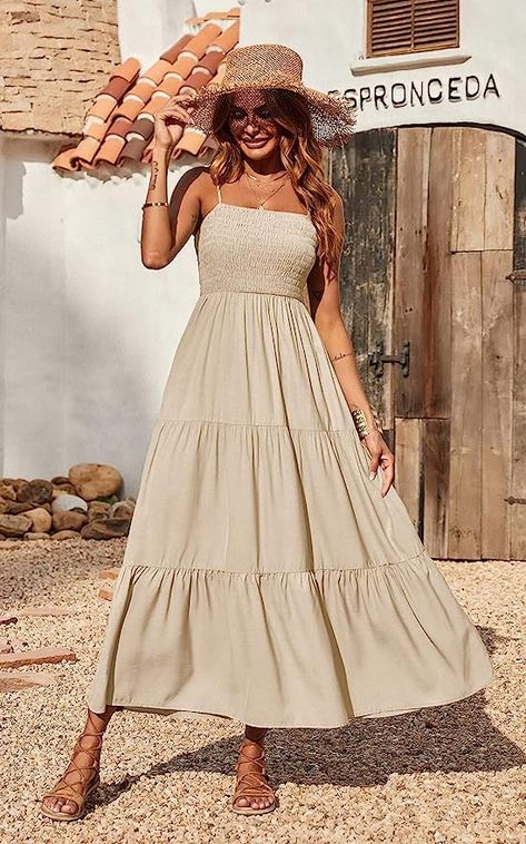 PRETTYGARDEN Women's Summer Maxi Dress Casual Boho Sleeveless Spaghetti Strap Smocked Tiered Long Beach Sun Dresses Maxi Dress Casual Boho, Wide Strap Dress, Vestidos Retro, Tiered Ruffle Skirt, Suspender Skirt, Beach Maxi Dress, Maxi Robes, Khaki Dress, Maxi Tank Dress