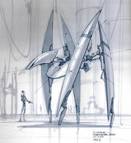 10/7/97. Vulture Droid concept drawing by Doug Chiang.  While no one will ever replace the great Ralph McQuarrie, Doug Chiang has definitely left his imprint on the three prequel Star Wars movies.  This sketch, while somewhat rough in nature, gives the viewer a great feel for the size and personality of a vulture droid. Concept Draw, Battle Droid, Star Wars Vehicles, Star Wars Droids, Star Wars Concept Art, Star Wars Rpg, Arte Robot, The Phantom Menace, Star Wars Ships