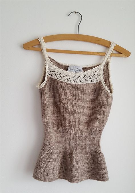 Lace-edged cami from the book A Handknit Romance, re-knitted in a wool/silk 3ply yarn. This lovely, Victorian-inspired camisole has a separately knitted cotton lace trim. Knitting pattern PDF available. #handknit #knitted #vintage #pattern #garterstitch #camisole #wool #cotton #lace #edging #summer Camisole Knitting Pattern, Camisole Pattern, Intarsia Knitting, Shawl Patterns, Lace Edging, Knit Outfit, Knit Fashion, Vintage Knitting, Lace Knitting