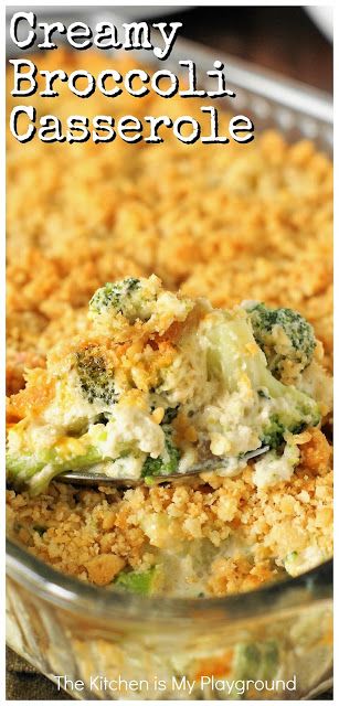 Creamy Broccoli Casserole ~ With its cheesy broccoli goodness & buttered cracker crumb topping, what's not to love? It's a perfect side for the holidays or any day! www.thekitchenismyplayground.com Brocoli Casserole Recipes, Creamy Broccoli Casserole, Broccoli And Cauliflower Casserole, Broccoli And Cheese Casserole, Cheesy Broccoli Casserole, Broccoli Recipes Casserole, Broccoli And Cauliflower, Veggie Casserole, Creamy Broccoli