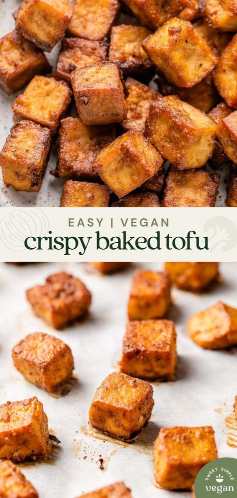 Learn how to make crispy baked tofu! It's easy and perfect for meal prep, plus it requires just a few simple ingredients! #crispytofu #easytofu #veganrecipe #vegan #sweetsimplevegan #entree #lunch #dinner #mealprep #protein Easy Crispy Tofu, High Protein Vegetarian, Crispy Baked Tofu, Protein Vegetarian, Pudding Chia, Tofu Recipes Vegan, High Protein Vegetarian Recipes, High Protein Vegan Recipes, Vegetarian Protein