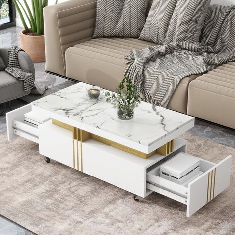 Faux Marble Coffee Table, Elegant Coffee Table, Marble Top Coffee Table, Stylish Coffee Table, Coffee Table Rectangle, Caster Wheels, Sofa End Tables, Contemporary Coffee Table, Living Room White