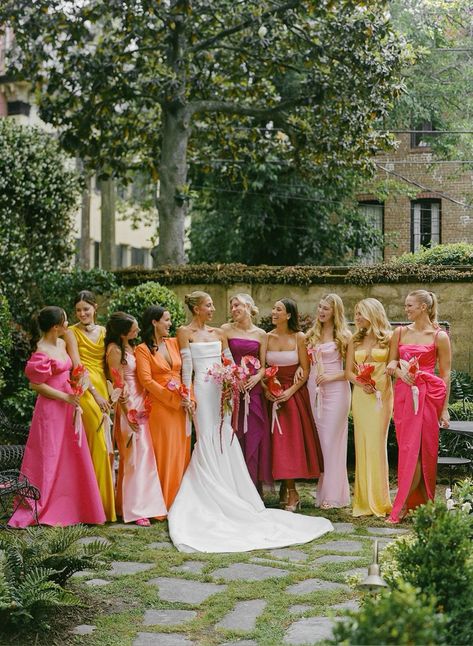 Sunset Mismatched Bridesmaid Dresses, Random Color Bridesmaid Dresses, Sunset Color Theme Wedding, Bridesmaids Sunset Colors, Sunset Bridesmaids Dresses, July Wedding Bridesmaid Dresses, Bridesmaid Bright Colors, Desert Sunset Wedding Colors, Red Orange Pink Yellow Wedding