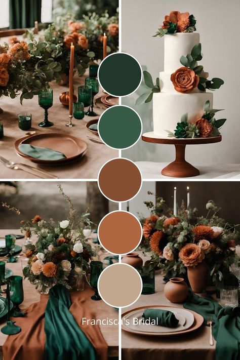 Summer Wedding Terracotta, Sage Emerald Wedding, 2024 Wedding Colors Spring, Fall Wedding Color Palette Green, Orange And Forest Green Wedding, Emerald Terracotta Wedding, Sage And Terra Cotta Wedding Decor, Rustic Orange And Green Wedding, Forest Green And Burnt Orange Wedding Theme