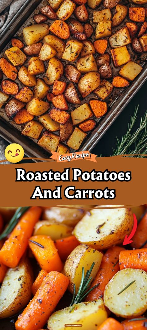 Roasted Potatoes and Carrots bring a deliciously rustic and sweet flavor to your plate, enhanced by a hint of rosemary and thyme. This classic combination, roasted until golden and tender, makes for a comforting side dish that complements any main course. #RoastedVegetables #ComfortFood #FamilyDinner Roasted Small Potatoes And Carrots, Roasting Potatoes And Carrots In Oven, Oven Roasted Potatoes And Carrots Easy, Roasted Potatoes Thanksgiving, Oven Baked Potatoes And Carrots, Roasted Potatoes And Carrots Recipe, Honey Bacon Roasted Potatoes Recipe, Carrot Recipes Savory, Thanksgiving Recipes Side Dishes Carrots