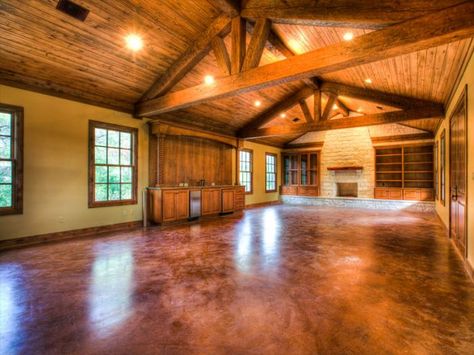 Stained concrete Love Acid Stained Concrete, Get Back On Track, Living Room Lounge, Stained Concrete, New Home Builders, Fire Pit Backyard, Floor Colors, Wooden Beams, Coast To Coast