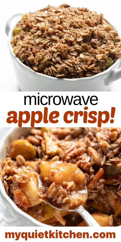 Microwave apple crisp truly is one of the BEST microwave desserts there is. It tastes just as amazing as oven-baked and takes only 5 minutes to prepare! Use this recipe to make an individual apple crisp in a mug, or scale it up to 5 times to serve a group! With the warm, cinnamon-spiced apples and crunchy oat and pecan topping, everyone's going to love it! Bonus: it's vegan, gluten-free, and made without refined flour. Apple Crisp For 2 People, Apple Crisp In A Mug, Single Desserts, Microwave Apple Crisp, Microwave Apple, Cinnamon Crisp, Quick Apple Dessert, Microwave Apples, Heart Sweets