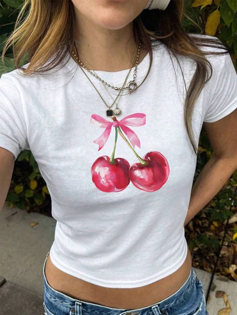 SHEIN EZwear Cherry Print Round Neck Women's T-Shirt, SummerI discovered amazing products on SHEIN.com, come check them out! Baby Tees 90s, Baby Tees Y2k, Y2k Baby Tee, Aesthetic T Shirts, 90s Streetwear, Top Streetwear, Cherry Print, Cute Crop Tops, Baby T Shirts