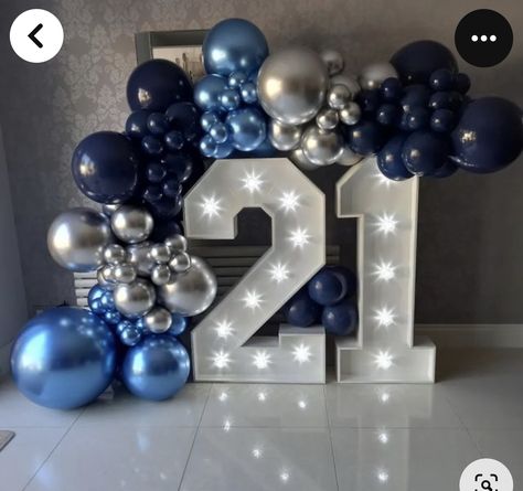 Blue Balloon Garlands, 21 Light Up Numbers With Balloons, 21 Balloon Garland, Blue And Silver Backdrop Ideas, 21st Birthday Backdrop Ideas For Guys, Navy Blue And Silver Birthday Cake, Blue 21st Birthday Decorations, Balloon Garland With Numbers, Light Up Numbers With Balloons