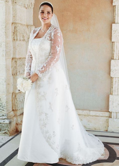 Ivory beaded dress with champagne lace jacket Wedding Dress Lace Overlay, Plus Size Wedding Dresses With Sleeves, Wedding Gown Preservation, Davids Bridal Wedding Dresses, Plus Size Wedding Gowns, Wedding Dress Lace, Trendy Wedding Dresses, Lace Jacket, New Wedding Dresses