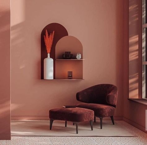 Terracotta Pink Living Room, Terracotta Interior Design Living Rooms, Achromatic Interior Design, Dusty Rose Interior, Terracota Design, Terracotta Interior Design, Interior Magazine, Burgundy Interior, Monochromatic Decor