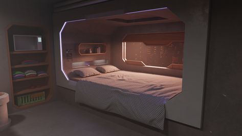 Hi everyone! I'm glad to share with you my latest project: Sci-Fi Apartment. I made it in Blender. Sci Fi Hospital Room, Sci Fi Bathroom, Sci Fi Apartment Concept Art, Sci Fi Bedroom Concept Art, Sci-fi Room, Sci Fi Facility, Cyberpunk Bedroom Aesthetic, Sci Fi Decor, Futuristic Apartment Interior Design