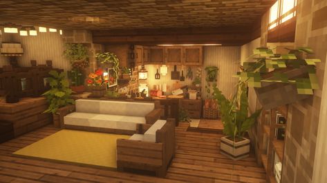 Minecraft Aesthetic — youxie: inside the overgrown mushroom hut 🍄🍃 Minecraft Cottage Core Living Room, Aesthetic Minecraft Houses Interior, Minecraft Cute Living Room, Cottagecore Minecraft Living Room, Mincraft Idea Inside, Inside House Ideas Minecraft, Minecraft Interior Ideas Cottage, Minecraft Inside Houses Ideas Cottage, Cute Minecraft Houses Inside