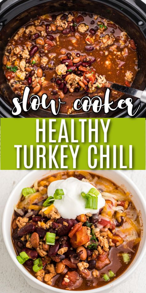 FAMILY FAVORITE! This Healthy Slow Cooker Turkey Chili is a delicious and hearty meal that is packed full of protein. Made with lean ground turkey, 3 different beans, and the perfect blend of seasonings. You won't believe how fast this Crockpot Turkey Chili disappears! We even share how to meal prep this dish for the freezer. It's an easy recipe the whole family loves. Slow Cooker Turkey Chili Recipe, Crockpot Turkey Chili, Ground Turkey Crockpot Recipes, Turkey Chilli, Turkey Chili Crockpot, Turkey Crockpot Recipes, Ground Turkey Chili, Chili Recipe Healthy, Turkey Chili Healthy