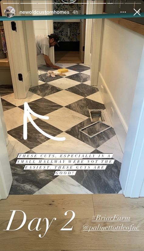 Gray And White Checkered Floor Laundry Rooms, Grey And White Tile Entryway, Blue Marble Floor Tile, Entry Way Tile To Hardwood, Diamond Kitchen Floor, Hallway Tile Ideas, French Country Flooring Ideas, Black White Kitchen Floor, Upstairs Flooring Ideas