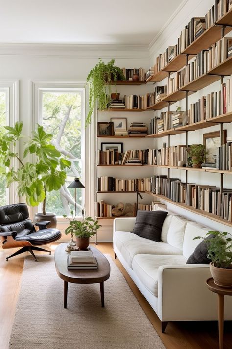 Bookshelves In Living Room, Maximize Storage, Custom Shelving, Home Library Design, Shelving Units, Living Room Inspo, Home Library, Blank Walls, Home Office Design