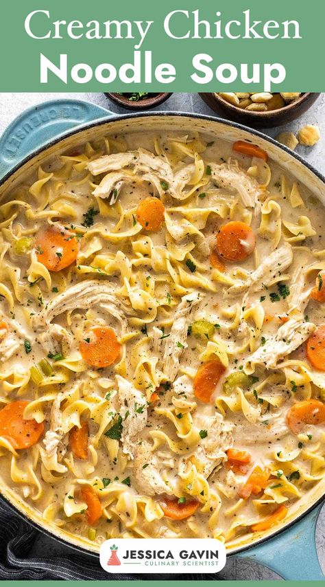 Indulge in a cozy bowl of my Creamy Chicken Noodle Soup, the ultimate comfort food for chilly nights! Packed with tender chicken, hearty vegetables, and perfectly cooked noodles in a rich and creamy broth. It's a homemade classic that will warm your soul. Perfect for sharing with loved ones or enjoying a solo night in. #soupseason #homemade #comfortfood via @foodiegavin Chicken Needle Soup, Hi Ken Noodle Soup, Rotisserie Chicken Noodle Soup, Classic Chicken Noodle Soup, Easy Chicken Noodle Soup, Best Chicken Noodle Soup, Creamy Chicken Noodle, Creamy Chicken Noodle Soup, Chicken Noodle Soup Easy