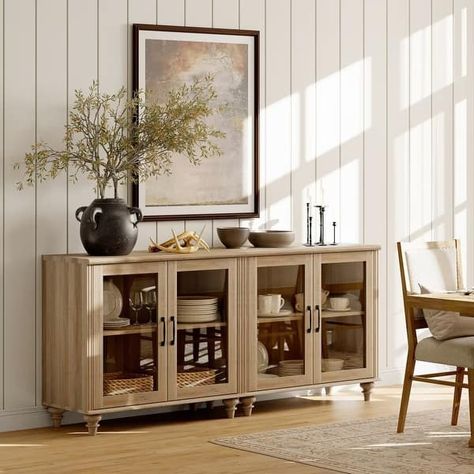 Kitchen Sideboard Buffet Cabinet, Glass Display Cabinet with Storage - Bed Bath & Beyond - 37630009 Coffee Bar Tables, Wood Coffee Bar, Buffet Cabinets, Kitchen Storage Cabinets, Decoration Buffet, Rustic Sideboard, Modern Farmhouse Dining Room, Sideboard Decor, Dining Room Sideboard