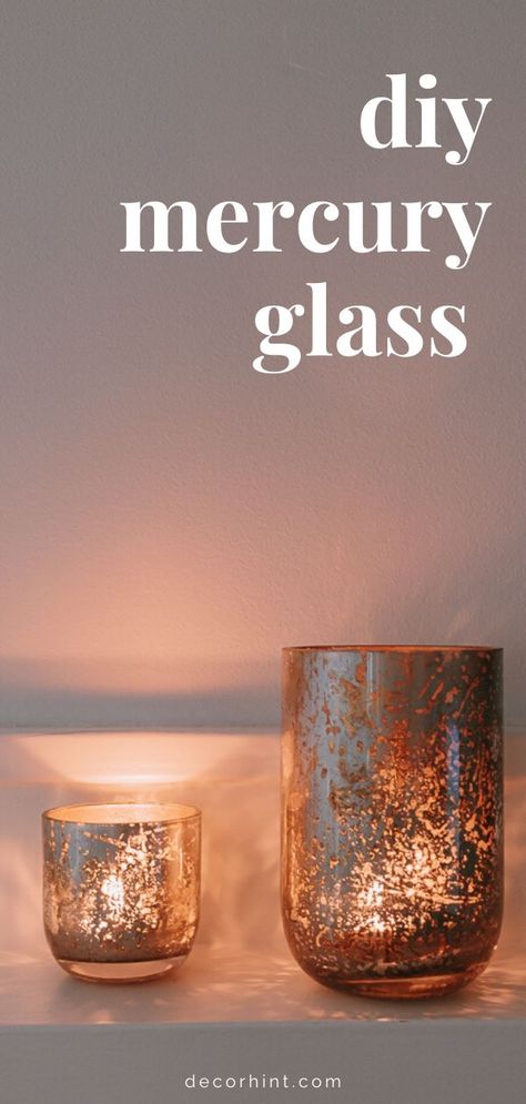 Get my easy tutorial for DIY mercury glass! This version includes both mercury glass gold and silver. You can apply this technique to create mercury glass mirrors, vases, ornaments, and votives, as well as Dollar Store items (like I did here!) Perfect for the holidays, but these look good all year round. Don't spend a ton of money on fancy versions, you can make this happen. #mercuryglassdiy #diycrafts #mercuryglass #dollarstore #dollartree #diyhomedecor #spraypaint Diy Mercury Glass Vase, Mercury Glass Mirror, Mercury Glass Diy, Mercury Glass Candles, Mercury Glass Candle Holders, Mercury Glass Vase, Glass Vase Decor, Mercury Glass Votives, Painted Glass Vases