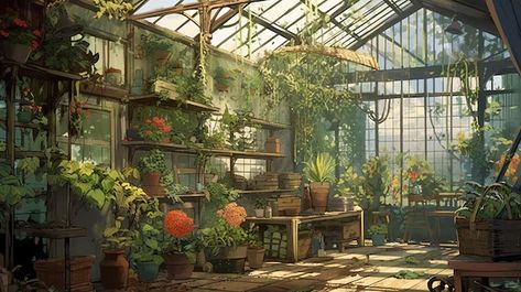 Fantasy Greenhouse Concept Art, Greenhouse Fantasy Art, Greenhouse Concept Art, Fantasy Greenhouse, Greenhouse Wallpaper, Dnd Campaign, Flowers Illustration, Quiet Place, Floral Shop