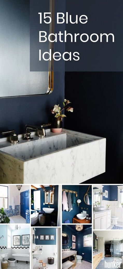 The easiest way to update your bathroom? A bright pop of color. Blue is one of the most beloved (not to mention versatile) hues, and it's not hard to see why. Plus, painting your bathroom blue can raise your home value by up to $5,400! Small Blue Bathroom Ideas Paint, Navy Blue Bathroom Color Scheme, Dark Blue Bathrooms Ideas, Modern Blue And White Bathroom, Ink Blue Bathroom, Black Gold Blue Bathroom, Best Blue For Bathroom, Blue Monochrome Bathroom, Bathrooms With Blue Walls