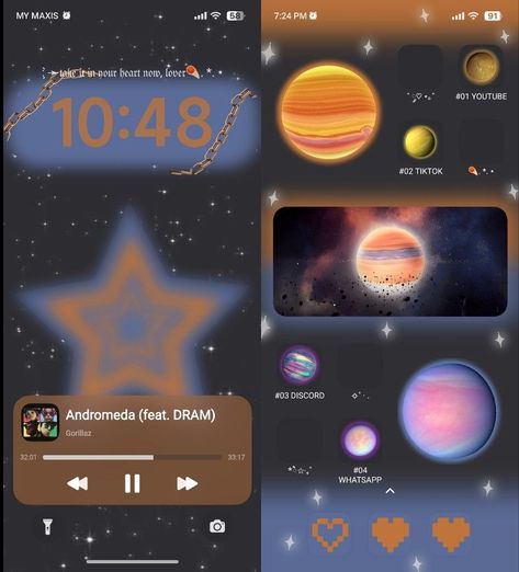 Futuristic Phone Theme, Iphone Space Theme, Star Ios Layout, Space Ios 16, Y2k Home Screen Layout, Space Hey Profile Ideas, Space Themed Homescreen, Gorillaz Homescreen, Space Iphone Theme