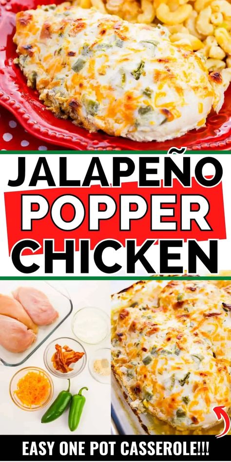 Switch up your chicken dinner with this creamy jalapeño popper chicken recipe--juicy chicken breasts smothered in a creamy topping, cheddar cheese, jalapeños, and crumbled bacon. Casseroles Keto, Jalapeno Chicken Recipes, Chicken Recipes Juicy, Jalapeno Popper Chicken Recipe, Easy Baked Chicken Breast, Oven Meals, Popper Chicken, Jalapeno Popper Chicken, Southern Plate