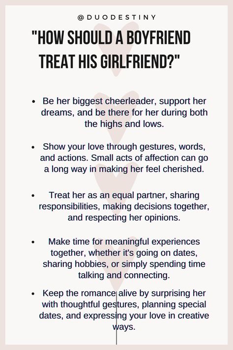 Elevate your relationship game with these essential tips on how to treat your girlfriend right! From small gestures to meaningful actions, discover the keys to being a loving and supportive partner. #BoyfriendTips #RelationshipAdvice #LoveTips #TreatHerRight How To Treat Your Girlfriend Quotes, How To Become A Better Boyfriend, How To Treat Your Girlfriend Tips, How To Appreciate Your Girlfriend, How To Be Good Girlfriend, How A Boyfriend Should Treat You, How To Show Love To Your Girlfriend, How To Support Your Boyfriend, How To Be A Better Boyfriend