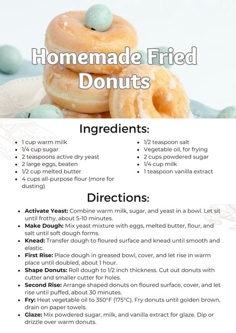 Indulge in our homemade fried donuts recipe! These fluffy, golden treats are easy to make and perfect for satisfying your sweet tooth. Enjoy fresh, warm donuts anytime. Check more at https://chefrecipecards.com/desserts/homemade-fried-donuts-recipe/ Homemade Deep Fried Donuts Recipe, Yeast Doughnut Recipe Fried, Recipe For Donuts Easy, Donut Shop Recipes, Homemade Funyuns Recipe, Homemade Fried Donuts Recipes, Fluffy Donut Recipe Fried, Small Batch Donuts Recipes, Home Made Doughnuts Recipes