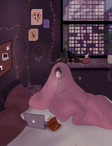 Watching Movies Aesthetic Night Laptop, Watching Movies Aesthetic Night, Watching Movies Aesthetic, Kino Box, Bedroom Drawing, Night Illustration, Illustration Art Girl, Movies Aesthetic, Watching Movies