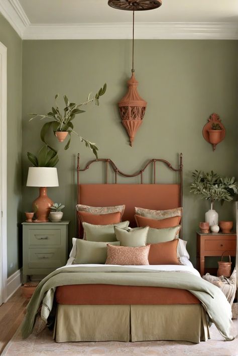 Terracotta Green Cream Bedroom, Terra Cotta And Sage Bedroom, Sage And Red Bedroom, Sage And Clay Bedroom, Sage Green And Burnt Orange Bedroom Ideas, Terracotta And Sage Bathroom, Olive Green And Terracotta Bedroom, Orange And Sage Bedroom, Terracotta Sage Bedroom