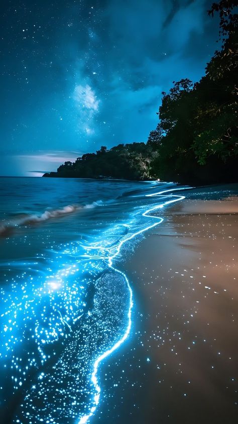 Bioluminescent Beach Maldives, Glowing Beach Wallpaper, Maldives Glowing Beach, Bioluminescence Water, Bioluminescent Ocean, Bioluminescence Beach, Bioluminescence Aesthetic, Enchanted Ocean, Under The Sea Images