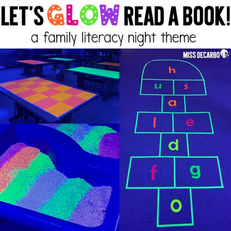 Get tons of activities for literacy night with a glow theme for you students and families! Reading Night Activities, Literacy Night Games, Literacy Night Themes, Family Literacy Night Activities, Literacy Night Activities, Family Night Activities, Family Literacy Night, Third Grade Activities, Night Activities