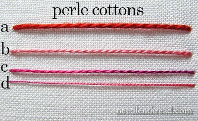 Cotton Embroidery Thread Comparisons via Mary Corbet  a – size 3 b – size 5 c – size 8 d – size 12 Learning To Embroider, Wool Quilts, Perle Cotton, Embroidery Threads, Creative Embroidery, Wool Applique, Cotton Embroidery, Embroidery Inspiration, Embroidery Tutorials