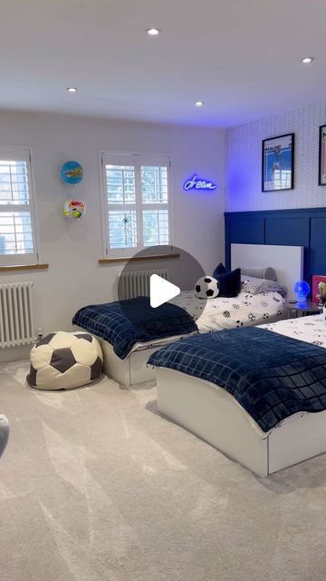 Jayde White 🤍 on Instagram: "Who knew I could love a boys football room as much as I do ⚽️🩵⚽️ (when it’s tidy of course😂) was a fairly quick makeover but pleased with how it’s turned out 🙌🏽 Let me know what you think! I’ve tagged and linked bits on my story and saved to bedroom highlight so check there but if there’s anything specific you can’t see on links, let me know in the comments 👇🏼 #footballbedroom #footballideasforkids #kidsdecor #kidsbedroom #boysbedroom #boysroomdecor #kidsroom #kidsinterior" 2 Boys Bedroom Ideas, Boys Sharing Bedroom Ideas, Boys Room Design Small Bedrooms, Boys Bedroom Decor Ideas For Kids, Brothers Bedroom, Kids Football Bedroom, Teenage Boys Bedroom Ideas Football, Football Boys Room, Soccer Room Ideas For Boys