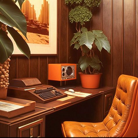 70s Aesthetic Office, 70s Office Aesthetic, Tva Aesthetic, Midcentury Modern Desk, 70s Room, 70s Interior Design, Retro Rooms, 80s Interior, 70s House