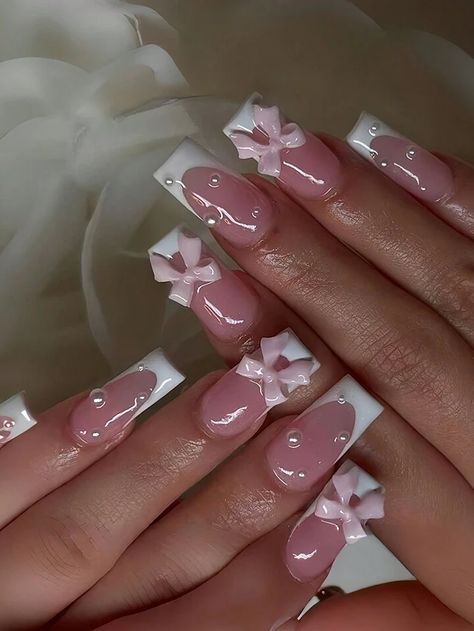 24pcs Medium-Long French False Nails, White & Pink Pearl Beaded, Bowknot Decor, Square & Coffin Shaped Nails + 1pc Jelly Glue + 1pc Nail File | SHEIN USA Pink Nails W Pearls, Medium Nails Acrylic French Tip, Nails Ideas Square Medium, Square Pink And White Nails, Nail Ideas Square Long, Pink And Pearl Nails, White Nail Designs Square, 17 Birthday Nails Ideas, Square Pink French Tip Nails