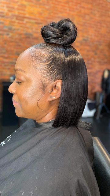 Bun In Back Hairstyle Black, Ponytails For Short Hair Black Women, Bob Hairstyles Updo Half Up, Natural Bob Black Women, Half Up Half Down Bob Weave, Half Up Half Down Hair Bob, Half Up Bob Hairstyles, 2 Buns Hairstyle Black, Half Up Half Down Bob Hair Black Women