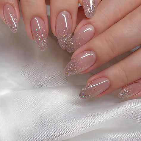 Chrome On Glitter Nails, Nail Acrylic Natural, Blush Nails For Wedding, Pretty Nails Flowers, Subtle Glitter Ombre Nails, Short Sparkle Acrylic Nails, Classy Nails Coffin Shape, Pink Frosty Nails, Almond Shape Green French Tip