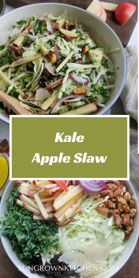 This Kale Apple Slaw Salad is the perfect autumn harvest coleslaw! Fresh cabbage and kale from the garden pair with red onion, almonds and raisins with a sweet and tangy Honey Apple Cider Vinaigrette. This healthy No Mayo kale crunch salad is perfect for the Thanksgiving table, a superfood lunch, or an easy fall side dish. Ready in just 15 minutes! Fall Cabbage Salad, Fall Coleslaw, Kale Apple Slaw Recipe, Cabbage Apple Salad, Kale Apple Chicken Salad, Superfood Lunch, Vegan Kale Apple Salad, Kale Crunch Salad, Kale Salad With Apples